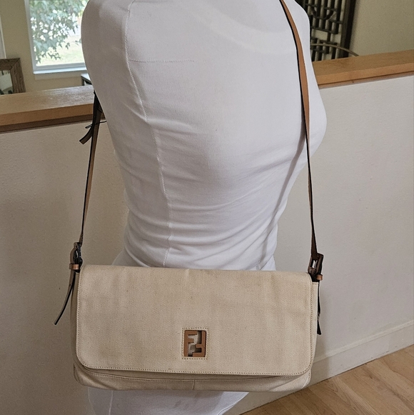 Authentic FENDI Natural Canvas Baguette Crossbody Bag With Leather Trim & Logo - Picture 10 of 10